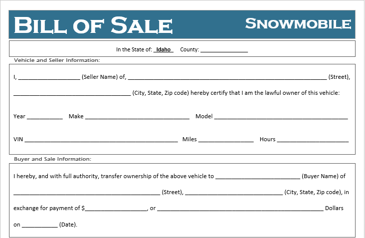 Idaho Snowmobile Bill of Sale