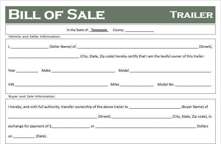 Tennessee Trailer Bill of Sale