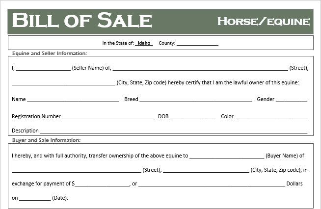 Idaho Horse Bill of Sale