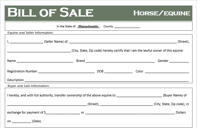 Massachusetts Horse Bill of Sale