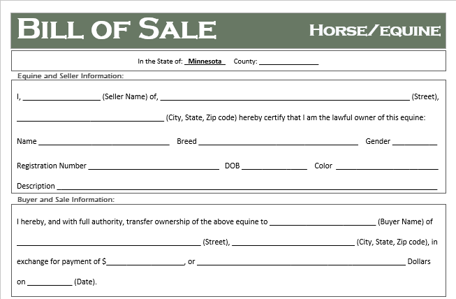 Minnesota Horse Bill of Sale