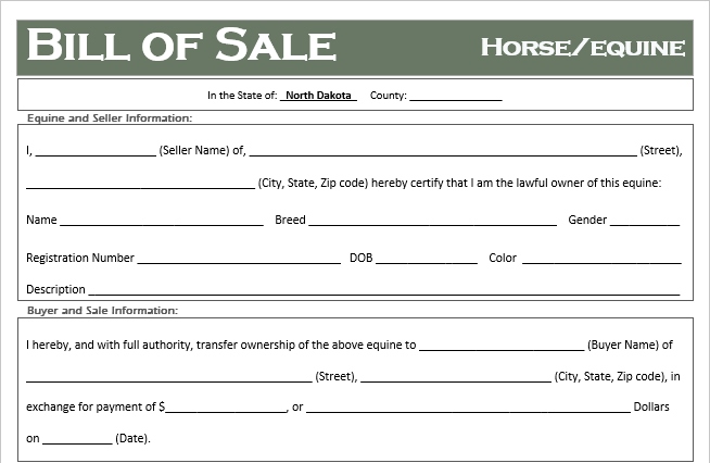 North Dakota Horse Bill of Sale