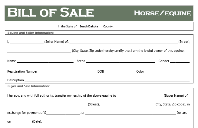South Dakota Horse Bill of Sale
