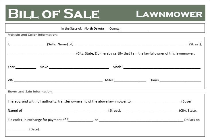 North Dakota Lawnmower Bill of Sale