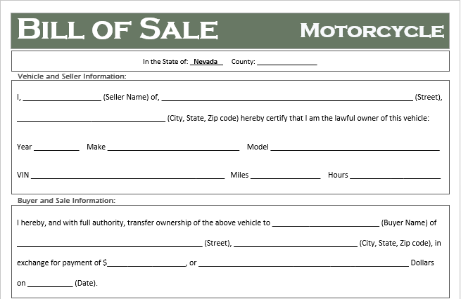 Nevada Motorcycle Bill of Sale