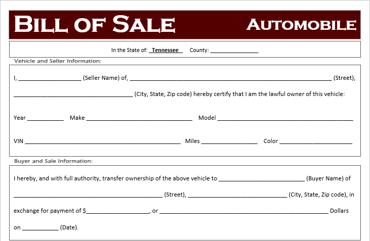 Free Tennessee Car Bill of Sale Template - Off-Road Freedom