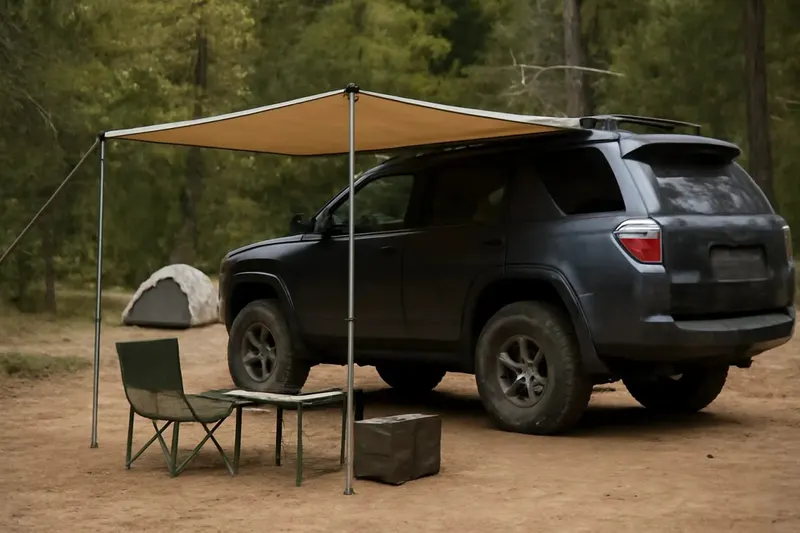 Photorealistic editorial photo illustrating awning considerations for vehicle-based camping