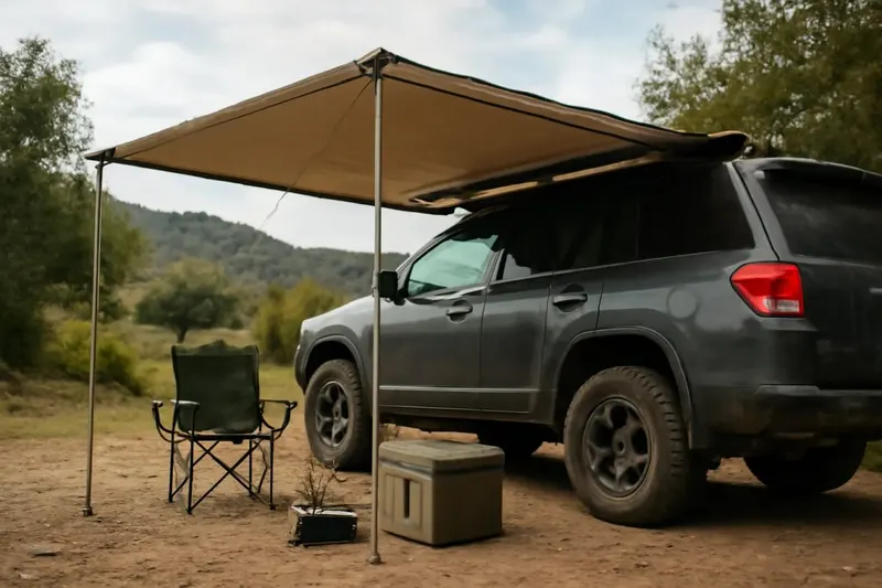 Photorealistic supporting editorial photo illustrating awning considerations for vehicle-based camping