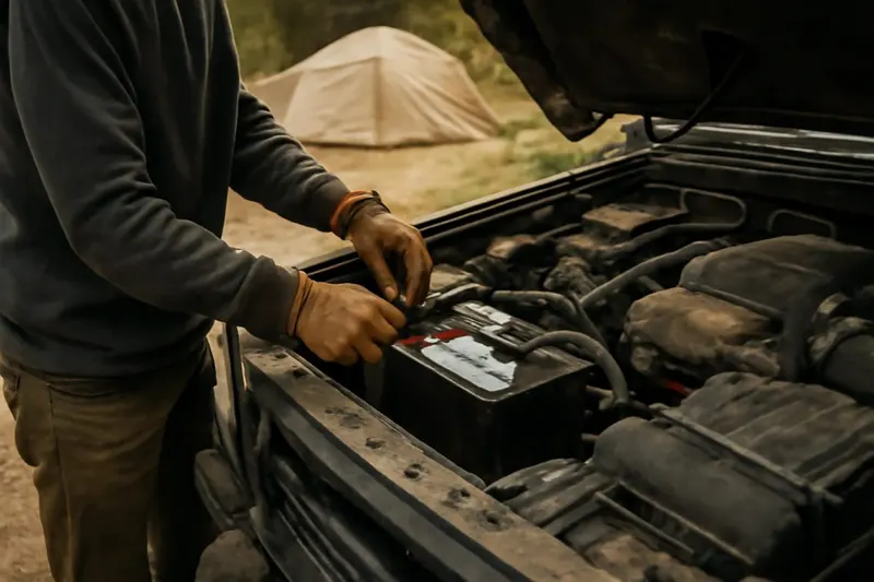Photorealistic editorial photo illustrating battery maintenance basics for off-road vehicles