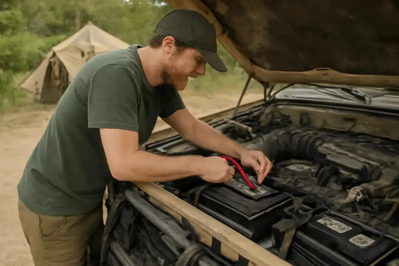 Photorealistic supporting editorial photo illustrating battery maintenance basics for off-road vehicles