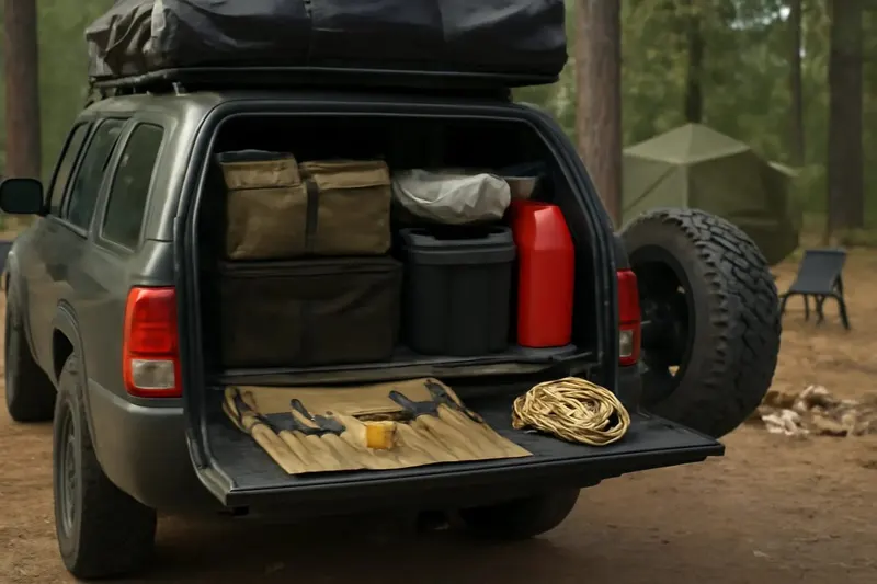 Photorealistic editorial photo illustrating cargo organization ideas for off-road vehicles