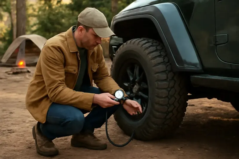 Photorealistic editorial photo illustrating choosing tire pressure responsibly for trail conditions