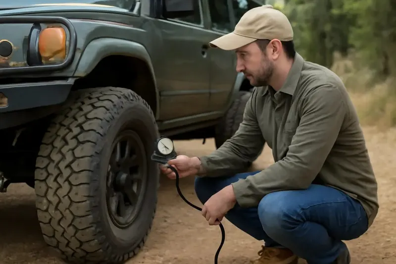 Photorealistic supporting editorial photo illustrating choosing tire pressure responsibly for trail conditions