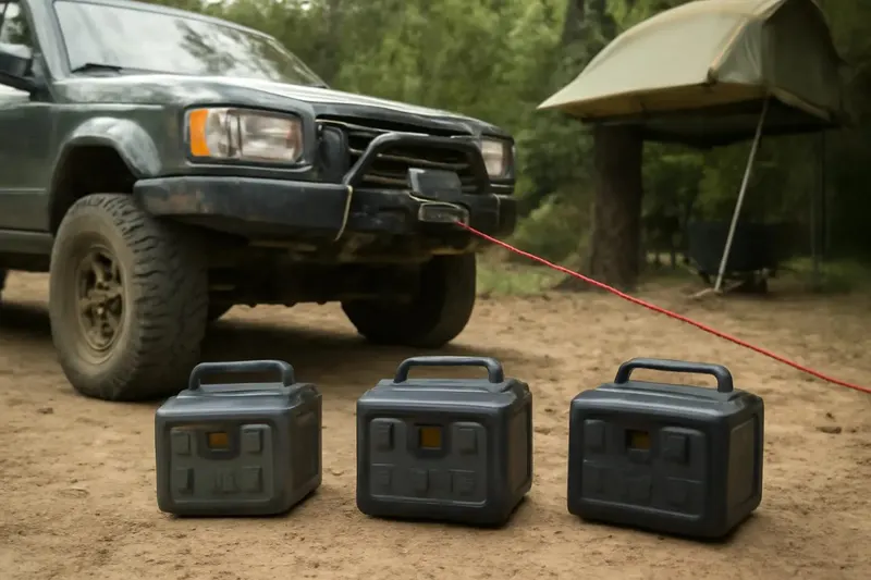 Photorealistic editorial photo illustrating comparing portable power stations for off-roading