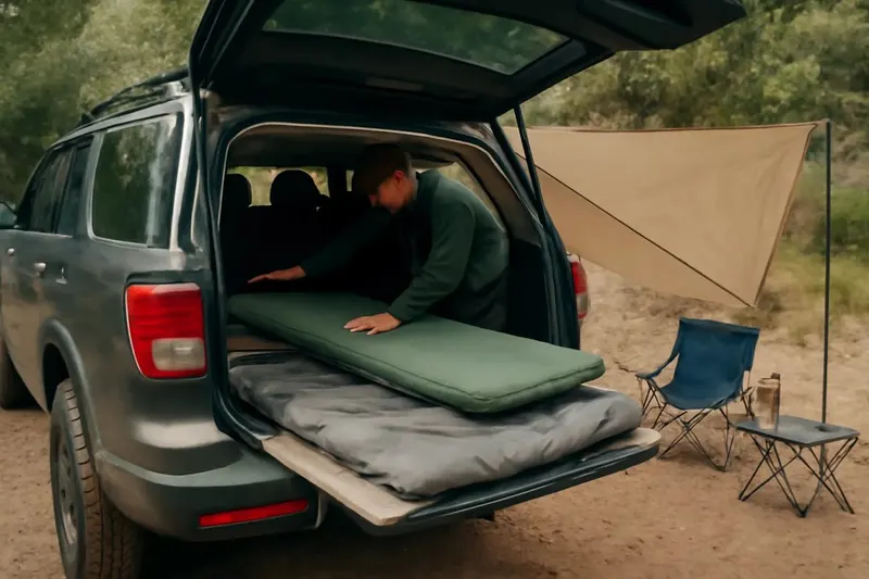 Photorealistic editorial photo illustrating comparing vehicle-camping sleeping systems