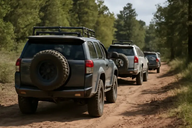 Photorealistic editorial photo illustrating convoy etiquette for group trail trips