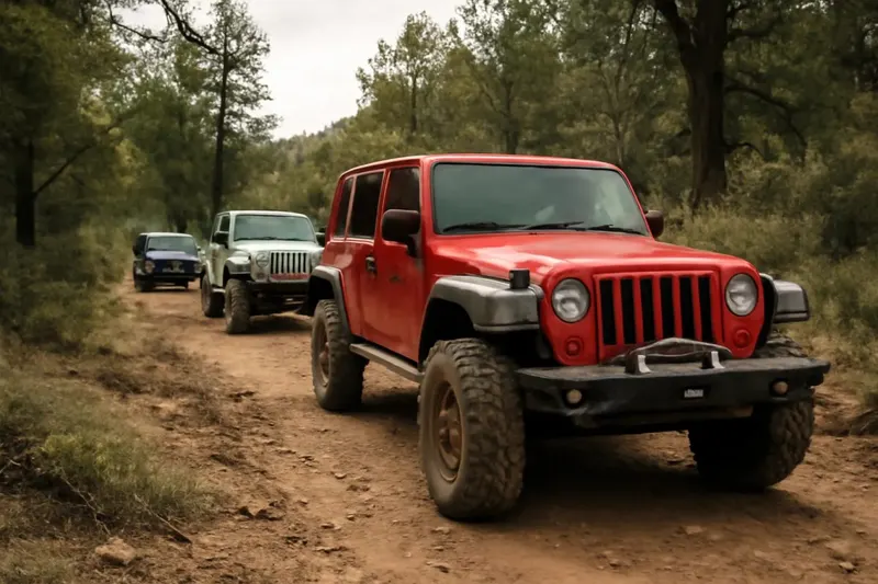 Photorealistic supporting editorial photo illustrating convoy etiquette for group trail trips