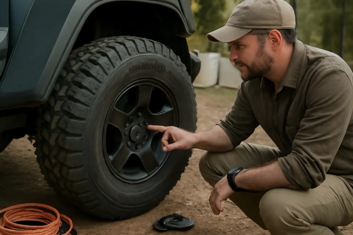 Photorealistic editorial photo illustrating how to read tire sidewall markings