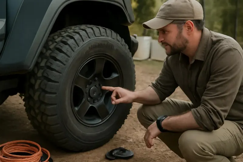 Photorealistic editorial photo illustrating how to read tire sidewall markings