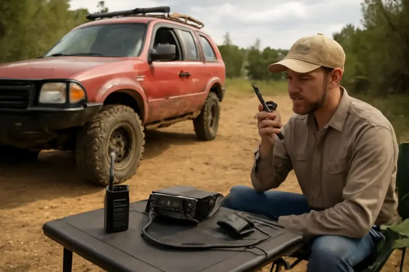 Photorealistic editorial photo illustrating off-road communication options compared