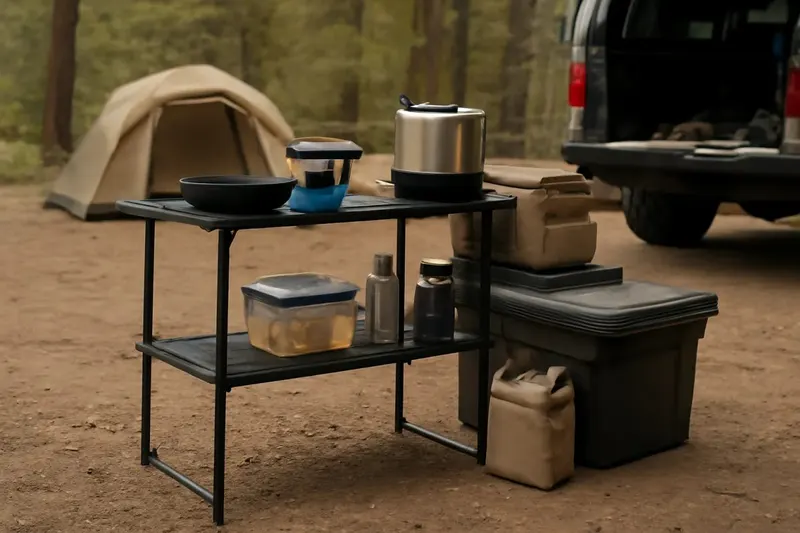 Photorealistic editorial photo illustrating organizing a camp kitchen that works