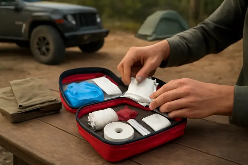 Photorealistic editorial photo illustrating organizing a portable first-aid kit for the trail