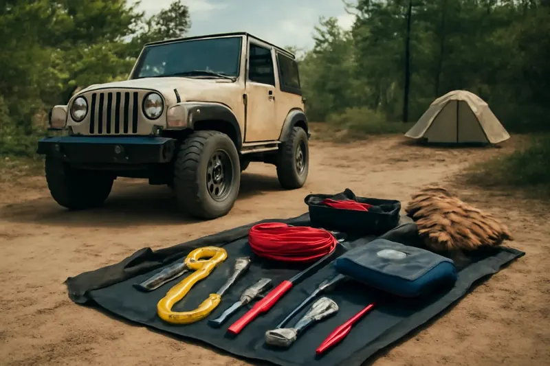 Photorealistic editorial photo illustrating planning a trail tool kit for your vehicle