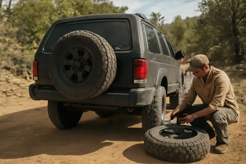 Photorealistic editorial photo illustrating planning for a full-size spare tire
