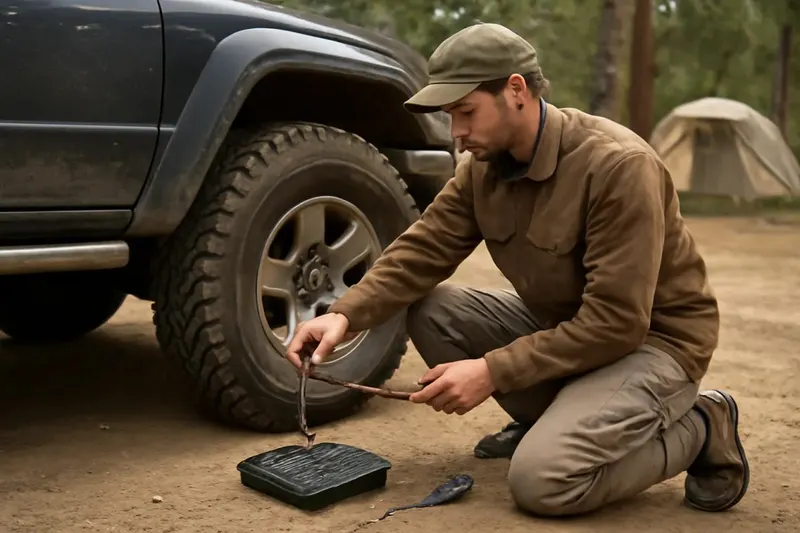 Photorealistic editorial photo illustrating puncture readiness for off-road tires