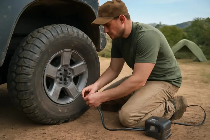 Photorealistic supporting editorial photo illustrating puncture readiness for off-road tires