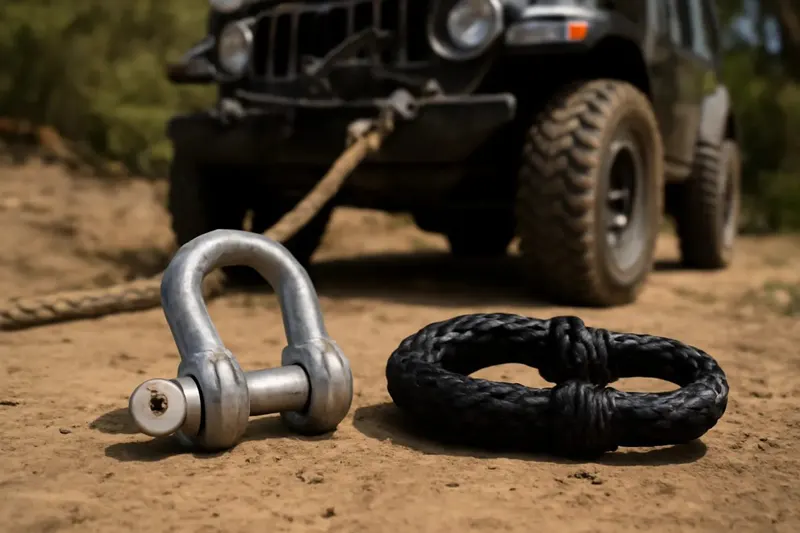 Photorealistic editorial photo illustrating rated shackles vs soft shackles explained