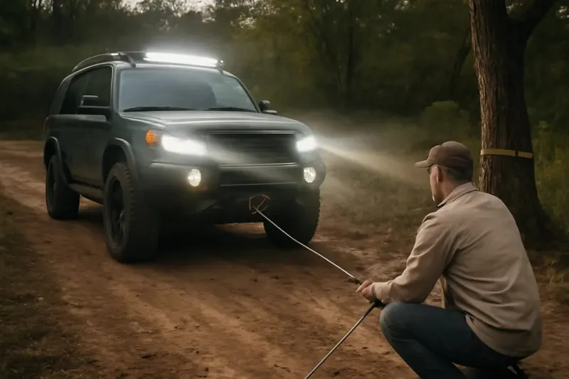 Photorealistic editorial photo illustrating spot vs flood beam patterns for off-road lighting
