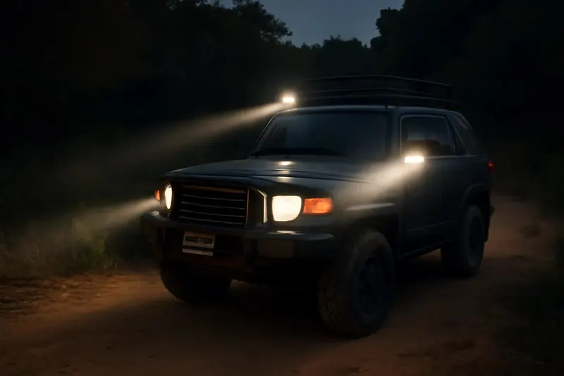 Photorealistic supporting editorial photo illustrating spot vs flood beam patterns for off-road lighting