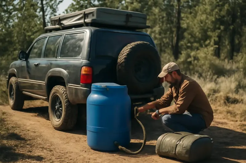 Photorealistic editorial photo illustrating water storage considerations for trail trips
