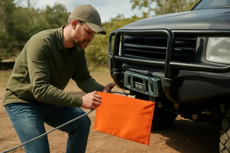 Photorealistic editorial photo illustrating what a winch damper does and why it's used