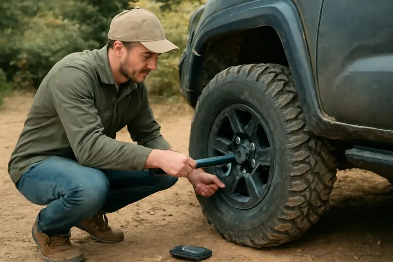 Photorealistic editorial photo illustrating wheel-fastener awareness for off-road driving