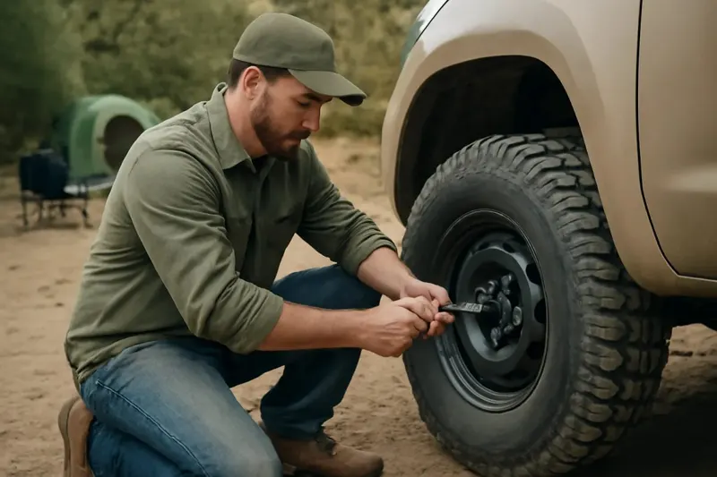 Photorealistic supporting editorial photo illustrating wheel-fastener awareness for off-road driving