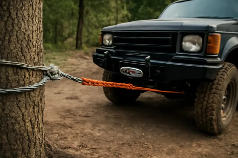 Photorealistic editorial photo illustrating winch line concepts: steel cable vs synthetic rope